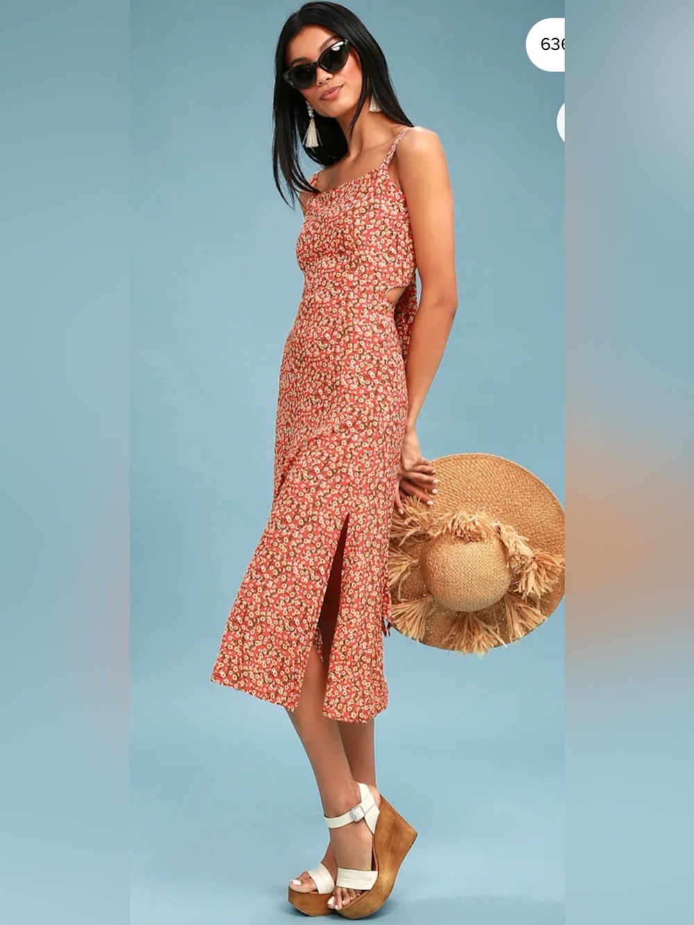 Faithful the brand Katergo Coral Pink Floral Print Backless Midi Dress medium